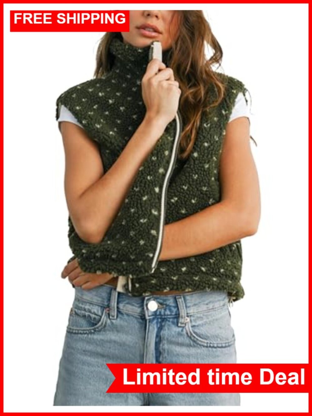 Fuzzy Fleece Vest Womens Sleeveless Sherpa Jacket Polka Dot Gilet with Pockets